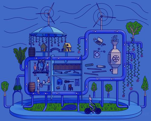 A whimsical machine covered in plants.