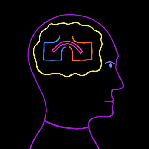 An outline of a person in profile, with two boxes and a bridge inside their head.