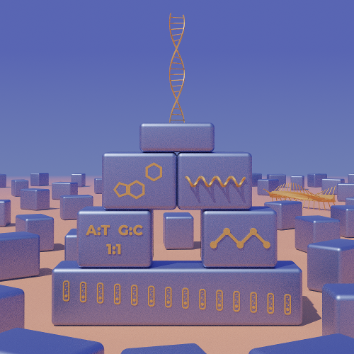 A double helix on top of a stack of blue metal blocks with symbols on them.