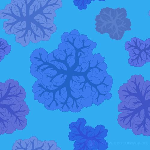 Blue, tree-like patterns.