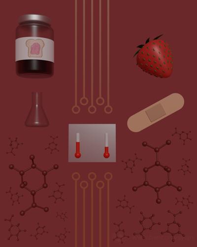 A jam jar, a strawberry, a bandage, some circuitry, and a bunch of molecules.