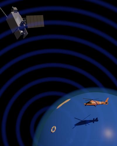 A satellite orbiting Earth, a life preserver, and a helicopter.