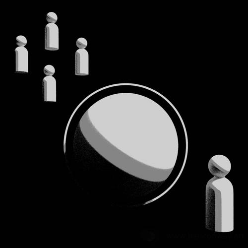 A stylized black and white image of a group of people, a globe, and a single person.