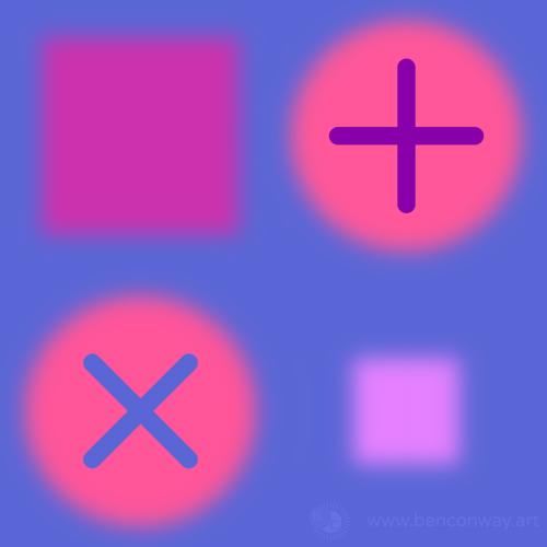 Fuzzy purple/pink squares and circles on a blue background.