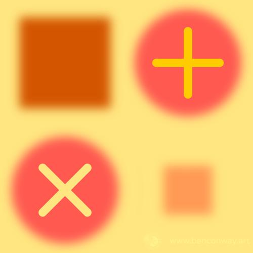 Fuzzy red/orange squares and circles on a yellow background.