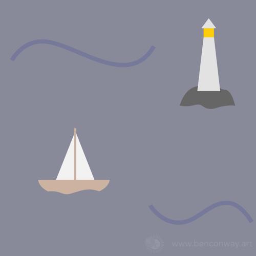 Sailboats and a lighthouse in the ocean, gray.