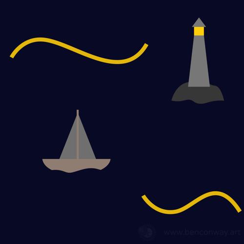 Sailboats and a lighthouse in the ocean, black and yellow.