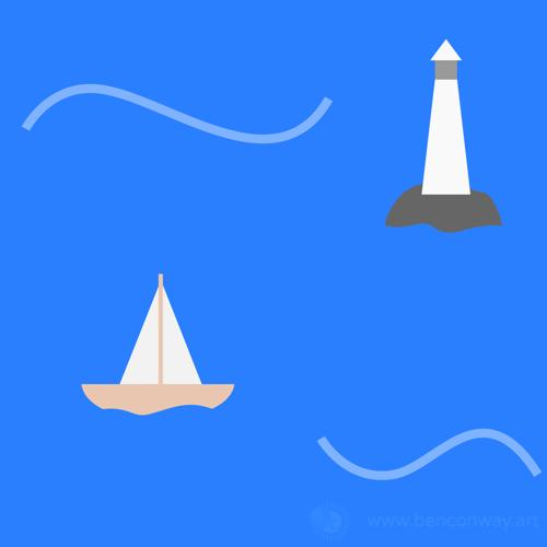 Sailboats and a lighthouse in the ocean, blue.